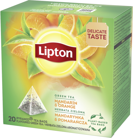 Herbata zielona smakowa w piramidkach Lipton Green Tea, mandarynka z pomarańczą, 20 sztuk x 1.2g