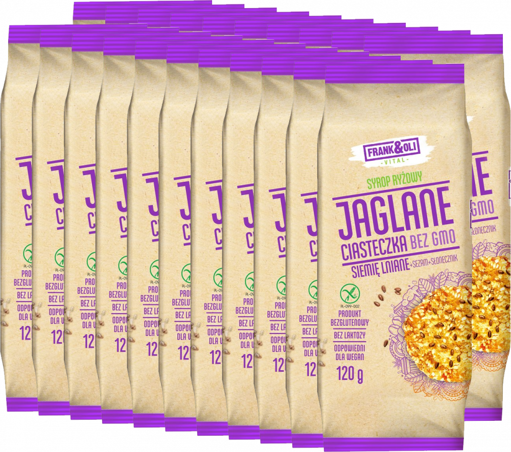21x Ciasteczka jaglane Frank&Oli, bez GMO, z siemieniem lnianym, sezamem i słonecznikiem, 120g