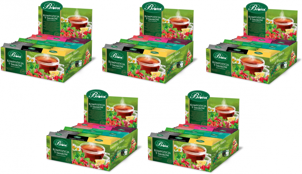 5x Zestaw herbat w kopertach BiFix, 9 smaków, 90 sztuk x 2g