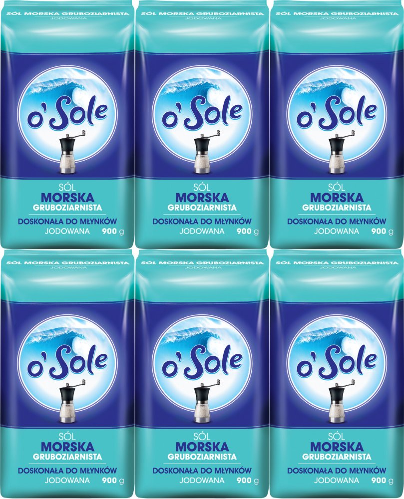 6x Sól morska jodowana o'Sole, gruboziarnista, 900g