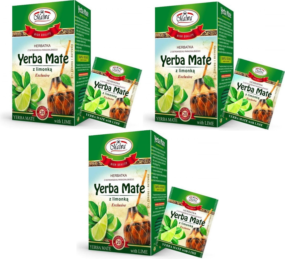 3x Herbata Yerba Mate w kopertach Malwa, z limonką, 20 sztuk x 2g