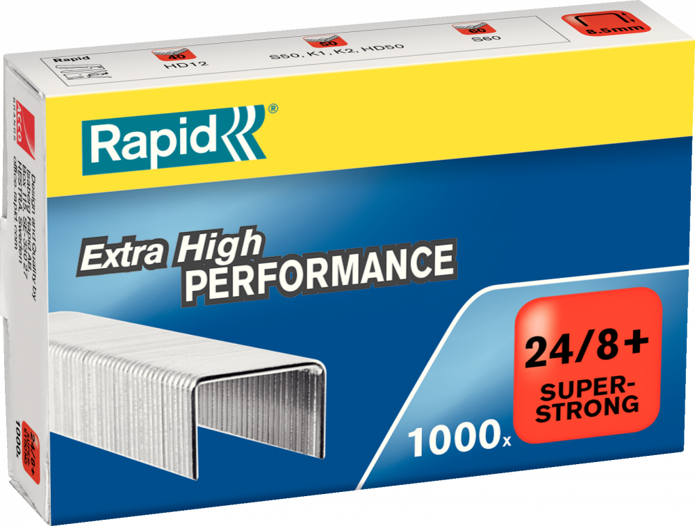 Zszywki Rapid Super Strong, 24/8+ 1M, 1000 sztuk, srebrny