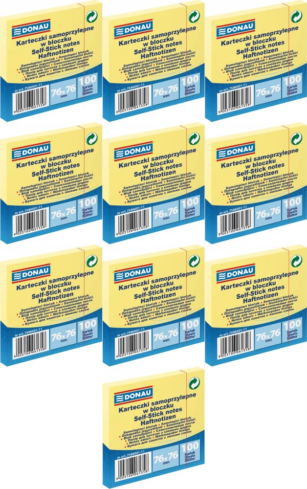 10x Karteczki samoprzylepne Donau, 76x76mm, 100 karteczek, jasnożółty