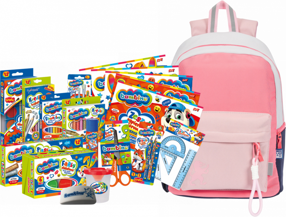 Zestaw: Plecak szkolny Oxford Funky, malinowo-szary + Wyprawka szkolna Bambino, 18-elementów