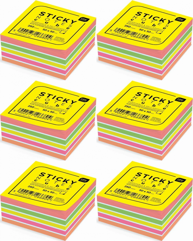 6x Karteczki samoprzylepne Interdruk, 50x50mm, 250 karteczek, mix kolorów neonowych