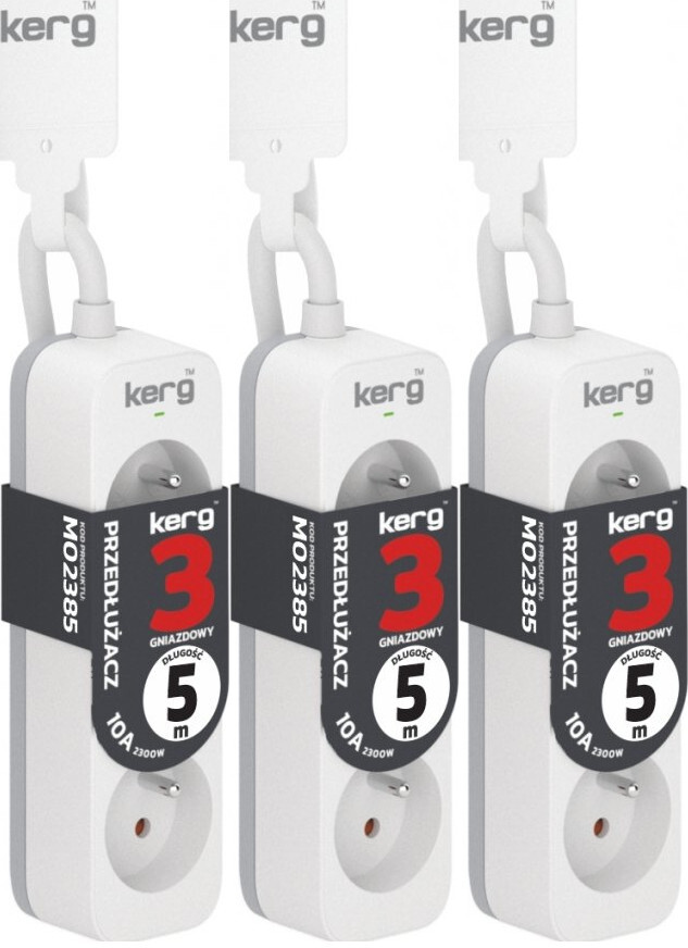 3x Przedłużacz Kerg, 5m, 3 gniazda, biało-szary