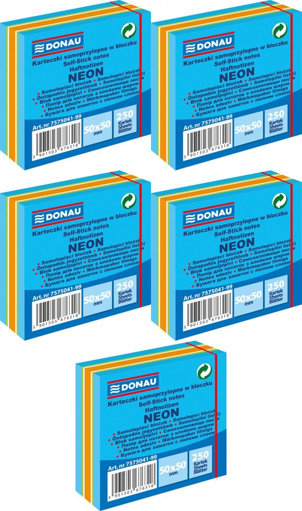 5x Karteczki samoprzylepne Donau, 50x50mm, 250 karteczek, neon-pastel, mix niebieski