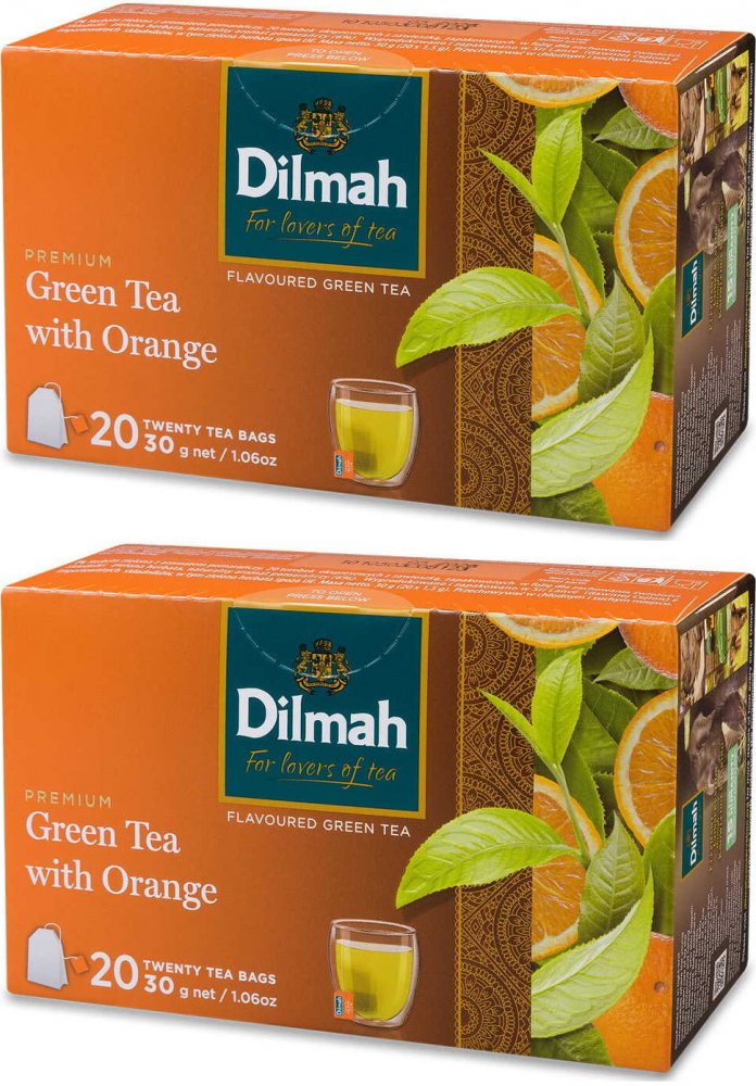 2x Herbata zielona smakowa w torebkach Dilmah, Green Tea with Orange, pomarańcza, 20 sztuk x 1.5g