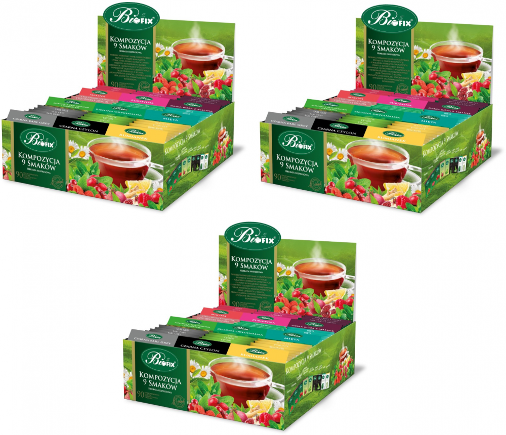 3x Zestaw herbat w kopertach BiFix, 9 smaków, 90 sztuk x 2g