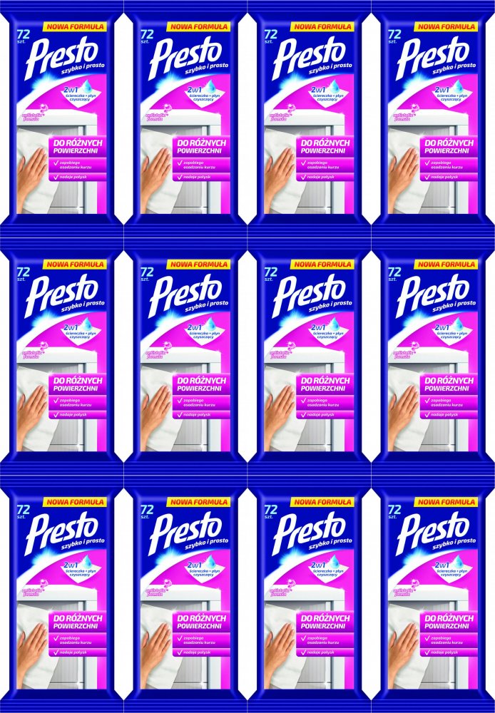 12x Chusteczki do czyszczenia różnych powierzchni Presto Clean, nawilżone, 72 sztuki