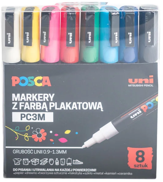Marker Posca PC-3M, z farbą plakatową, okrągła, 8 sztuk, mix kolorów