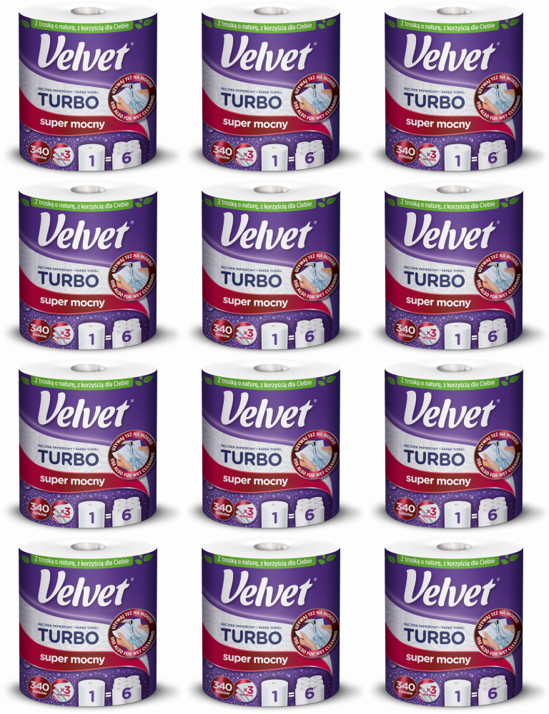 12x Ręcznik papierowy Velvet Turbo, 3-warstwowy, 78.21m, w roli, 1 rolka, biały