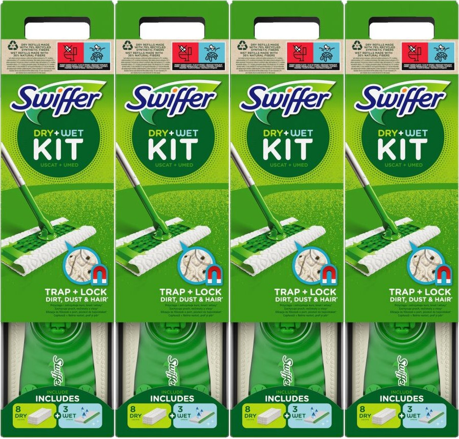 4x Zestaw startowy Swiffer Sweeper, mop + 8 sztuk suche ściereczki + 3 sztuki mokre ściereczki