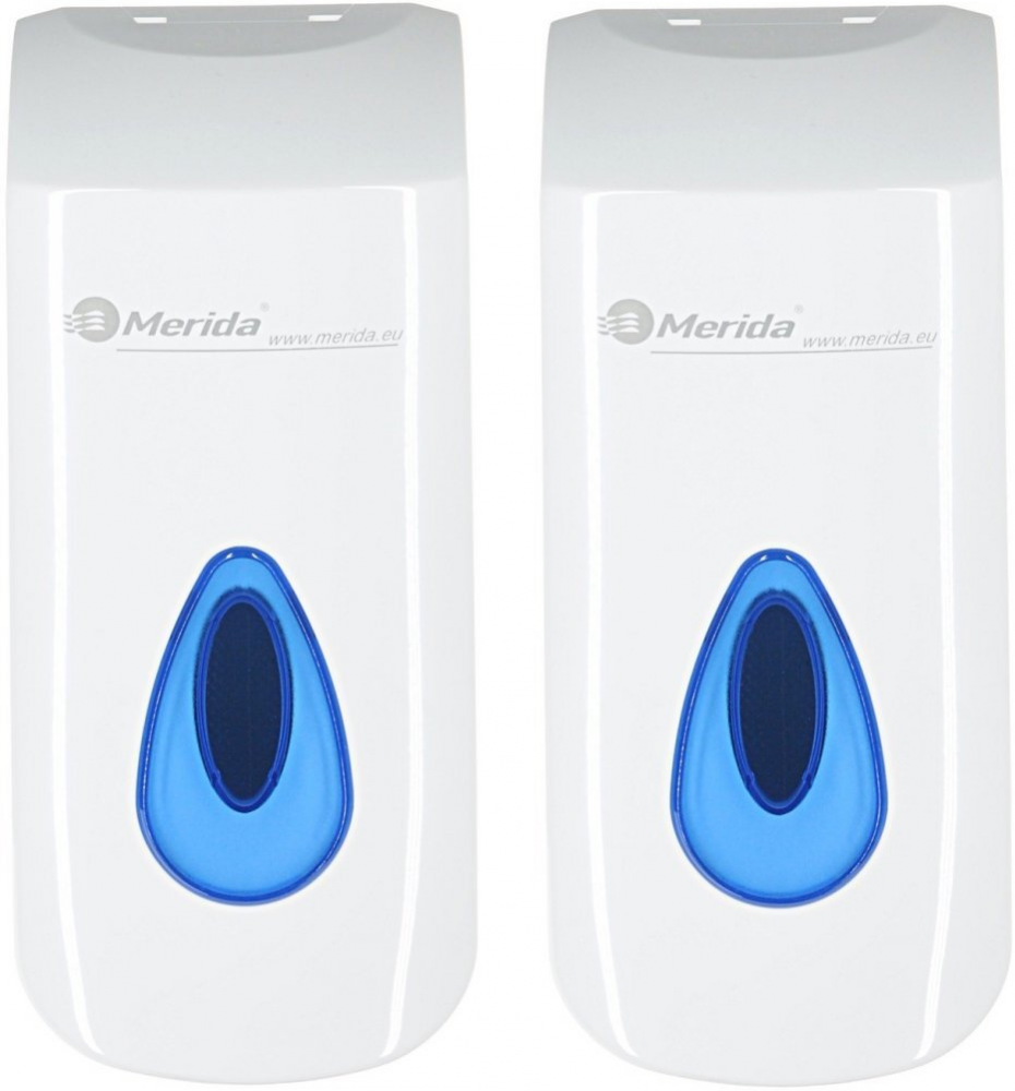 2x Dozownik do mydła w płynie Merida Top Mini, niebieskie okienko, 9x19x9.8cm, 400ml, biały