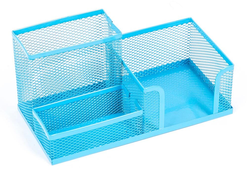 Przybornik na biurko Leviatan, metalowy (druciany), 3 przegrody, 205x103x98mm, niebieski