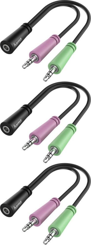 3x Adapter Hama Jack 3.5mm 4 piny - 2x Jack 3.5mm gniazdo, 15cm, czarny