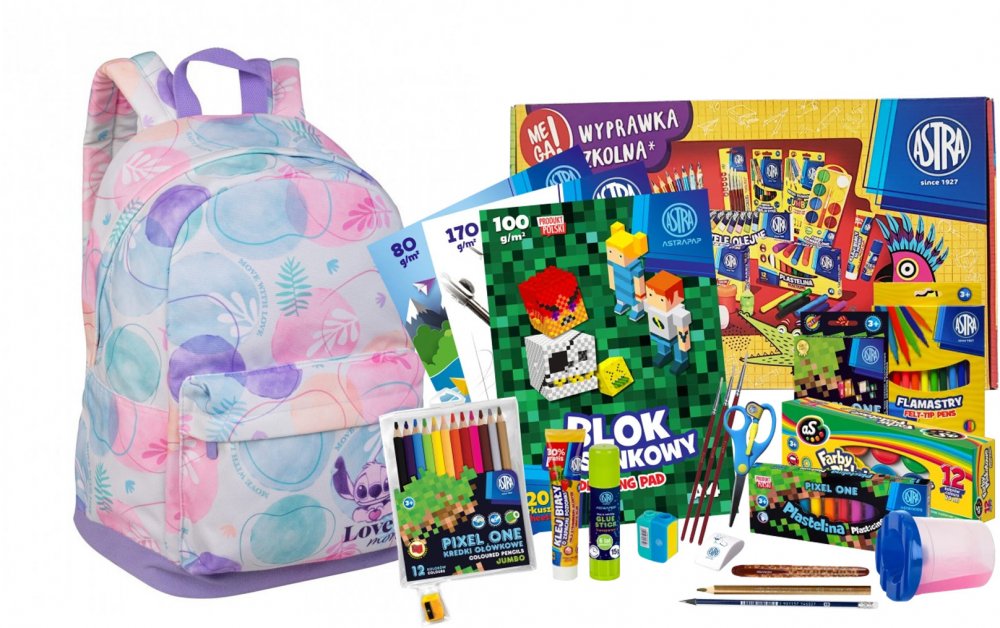 Zestaw: Plecak szkolny Coolpack Cross Stitch Pastel + Wyprawka szkolna dla klas 1-3 Astra Pixel One (L), 21 elementów