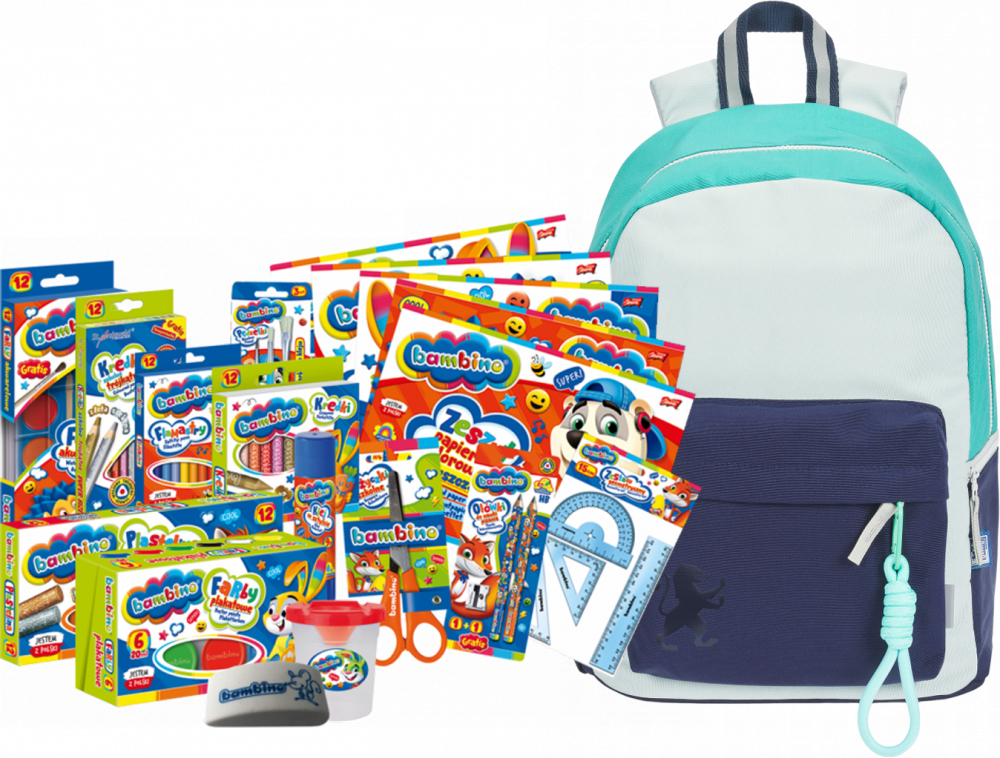 Zestaw: Plecak szkolny Oxford Funky, turkusowo-granatowy + Wyprawka szkolna Bambino, 18-elementów