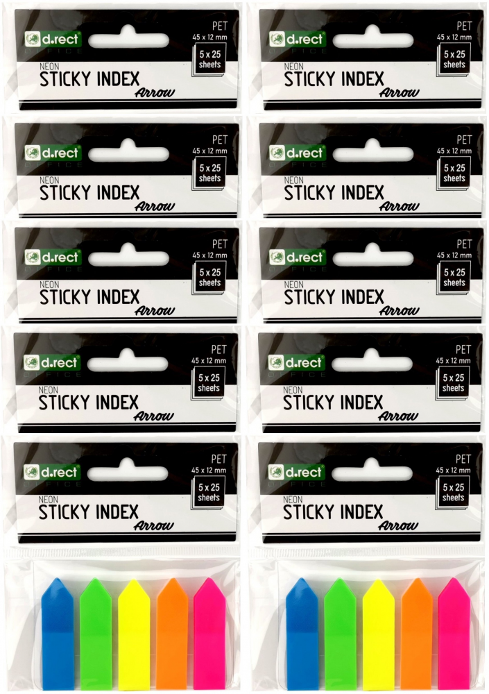 10x zakładki samoprzylepne D.Rect transparentne strzałki, indeksujące, 45x12mm, 5x25 sztuk, mix kolorów