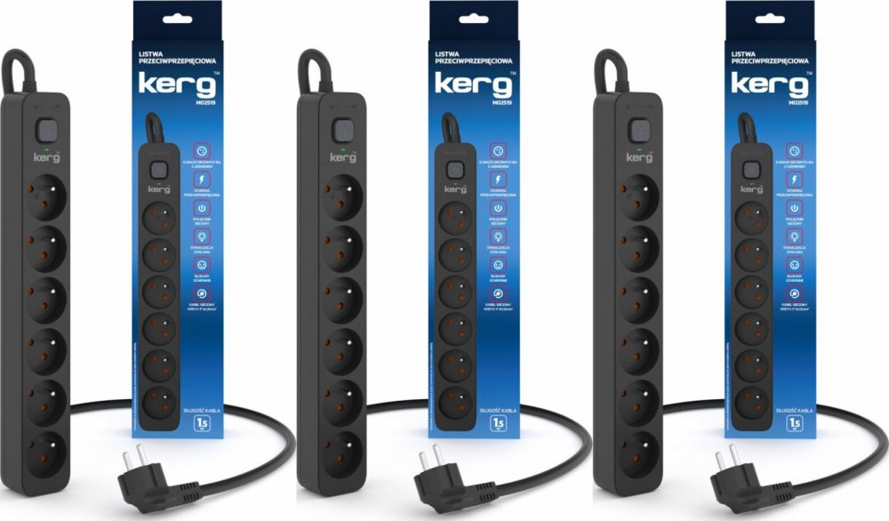 3x Listwa przeciwprzepięciowa Kerg, 1.5m, 6 gniazd, czarny