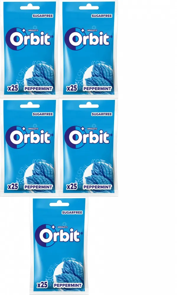5x Guma do żucia bez cukru Orbit Peppermint, miętowy, torebka, 25 drażetek