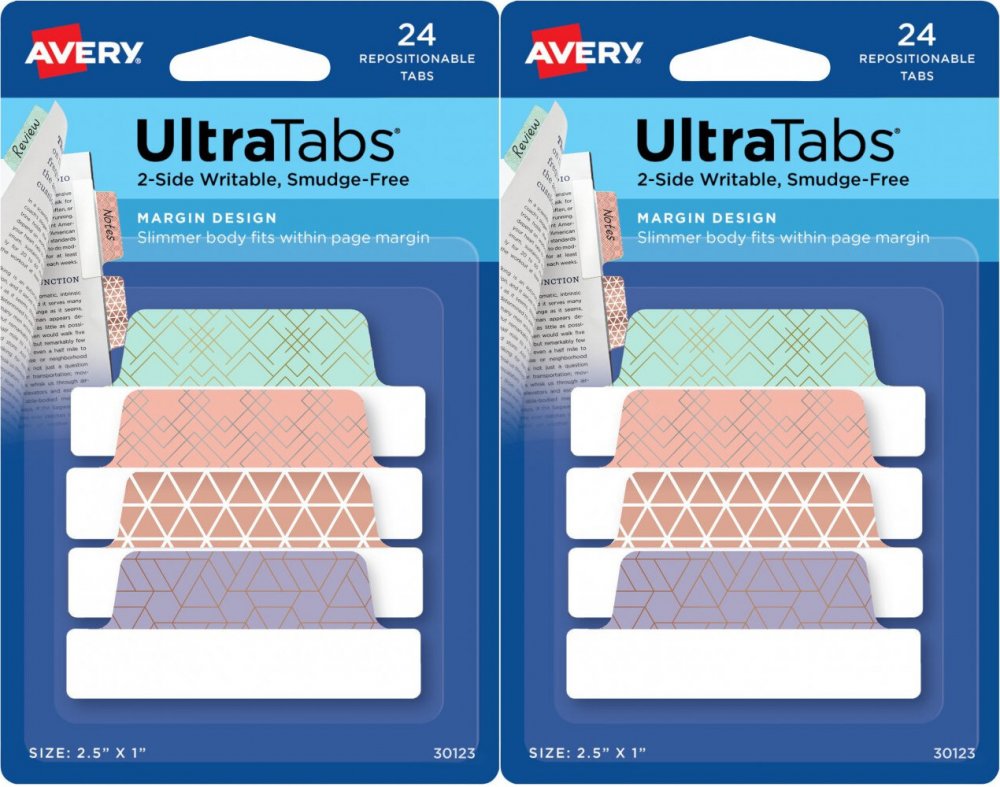 2x Zakładki samoprzylepne Avery Zweckform Ultra Tabs 30123, indeksujące ze wzorkami, folia, 65.5x25.4mm, 24 sztuki, mix kolorów