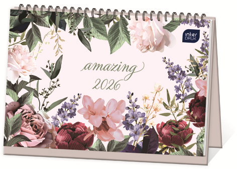 Kalendarz na biurko 2026, Interdruk, poziomy, 30x21cm, tygodniowy, Kwiaty