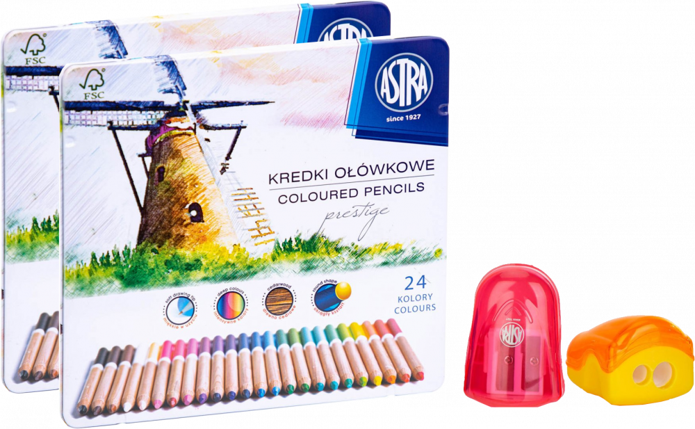 Zestaw: 2x Kredki ołówkowe Astra Prestige, w metalowym etui, 24 sztuki, mix kolorów + 2x Temperówka Astra Orion, 2 otwory, mix kolorów