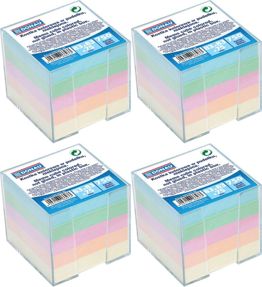 4x Karteczki do notatek w pojemniku Donau, nieklejone, 83x83x75mm, 750 kartek, mix kolorów
