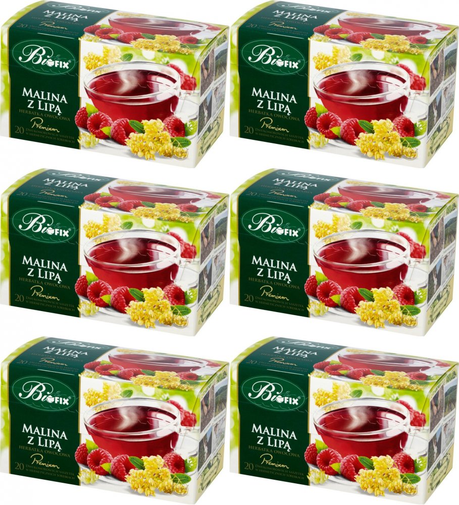 6x Herbata owocowa Bifix Premium, w kopertach, malina z lipą, 20 sztuk x 2g