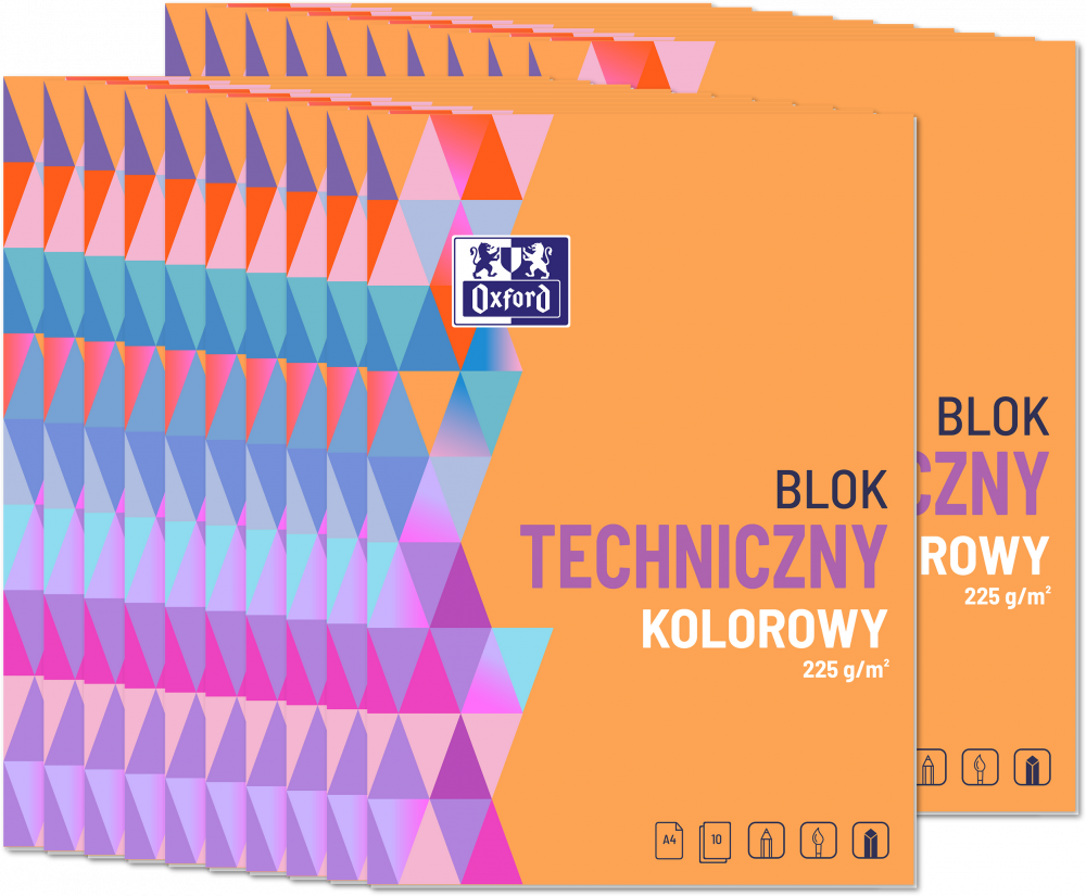 20x Blok techniczny, A4, 10 kartek, kolorowy, barwiony w masie