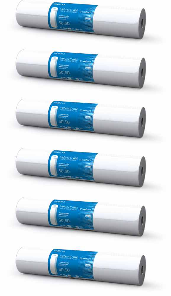 6x Prześcieradło papierowe VelvetCARE Professional Comfort, 2-warstwowe, 50cm x 50m, 1 rolka, biały