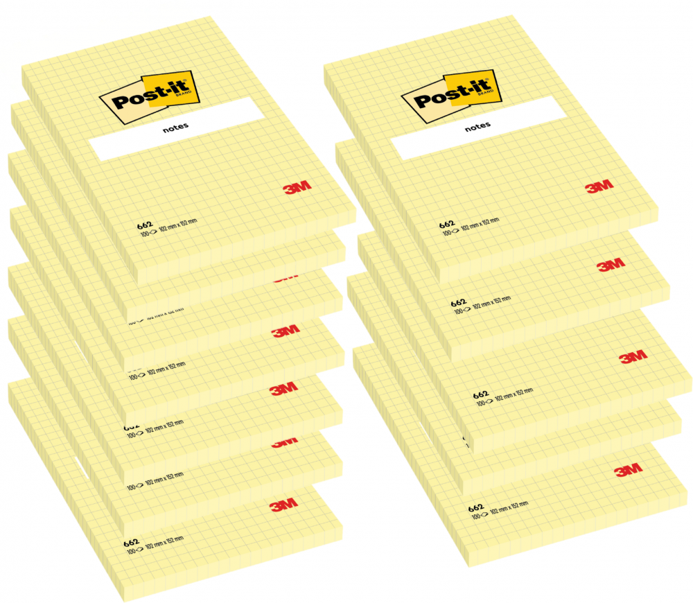 12x Karteczki samoprzylepne w kratkę Post-it, 102x152mm, 100 karteczek, żółty pastelowy