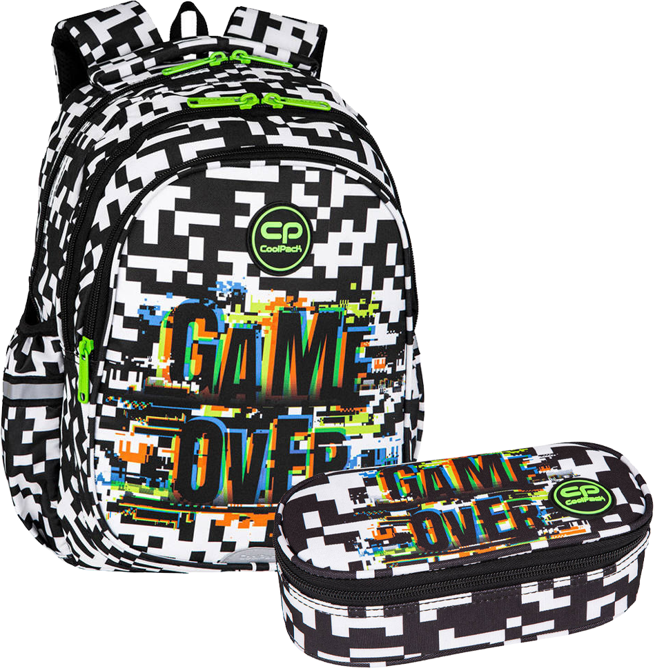 Zestaw: Plecak szkolny CoolPack Jerry Game Over, trzykomorowy + Piórnik saszetka CoolPack Campus Game Over