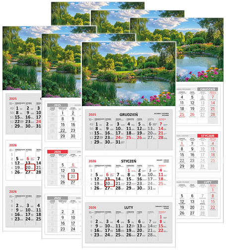 6x Kalendarz ścienny 2026, Udziałowiec, trójdzielny, 310x680mm ogród