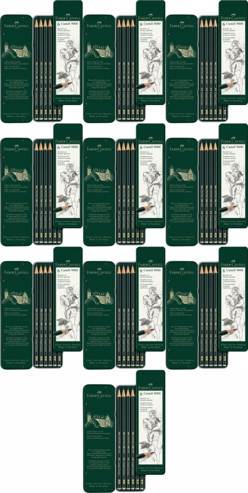 10x Ołówek Faber Castell, Castell 9000, sześciokątne, 6 sztuk, metalowe opakowanie