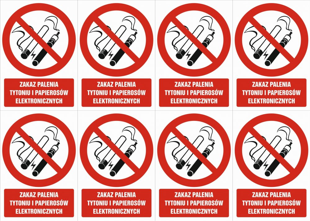 8x Znak "Zakaz palenia tytoniu i papierosów elektronicznych" Sign Project, folia samoprzylepna, 148x105mm