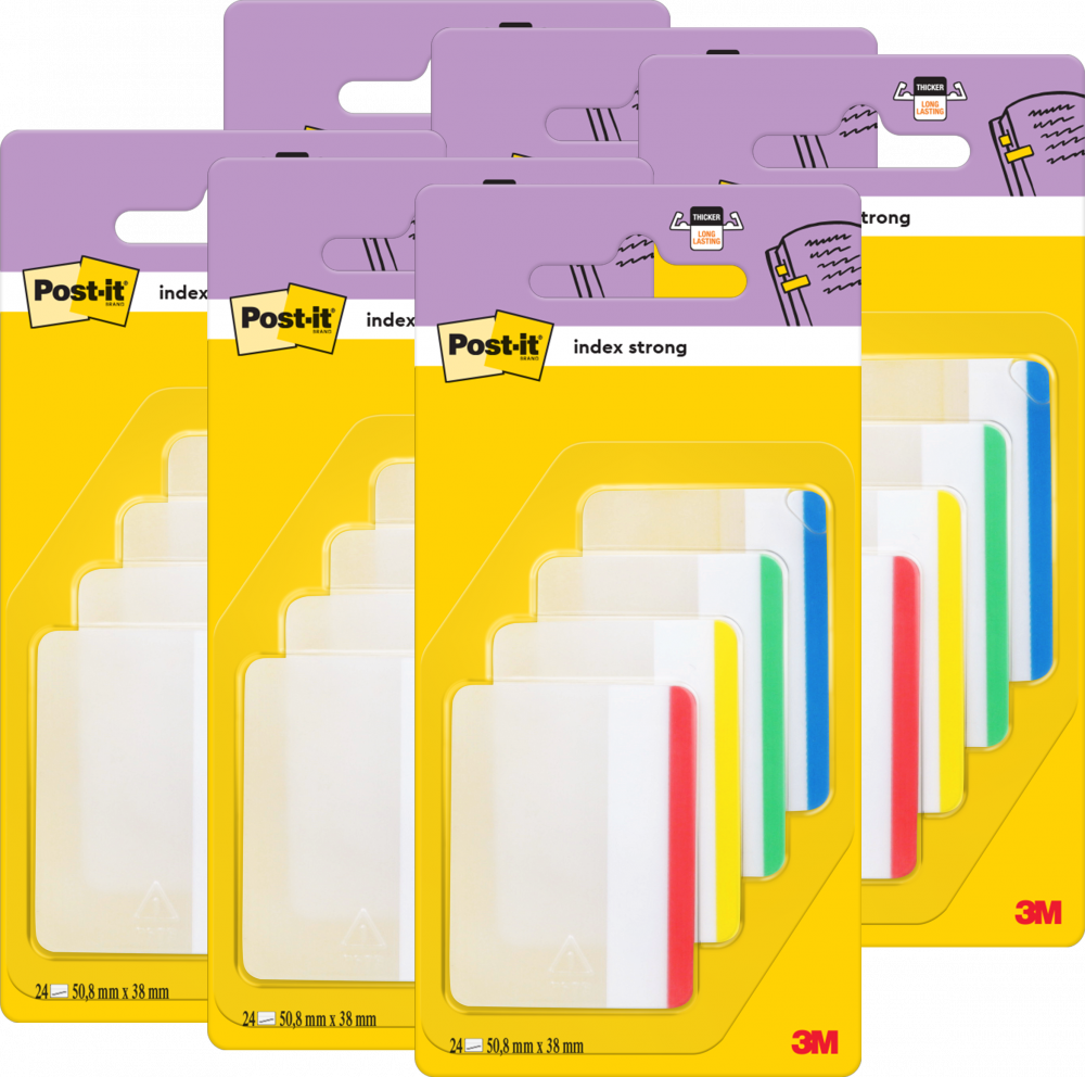 6x Zakładki samoprzylepne Post-it proste, indeksujące, silne, folia, transparentne, 50.8x38mm, 4x6 sztuk, mix kolorów