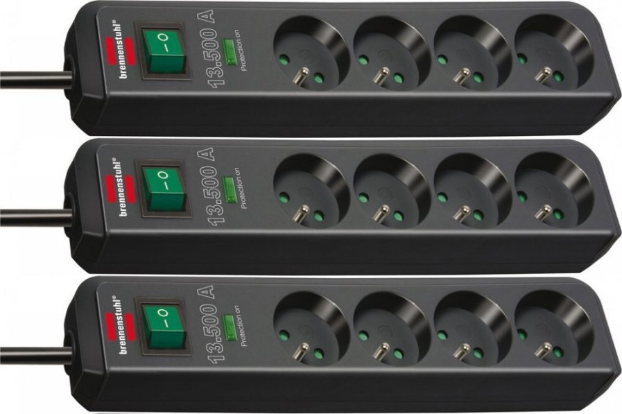 3x Listwa zasilająca przeciwprzepięciowa Brennenstuhl Eco-line, 1.5m, 4 gniazda, czarny