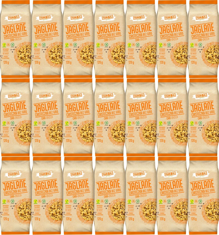 21x Ciasteczka jaglane Frank&Oli, bez GMO, z orzechami i nasionami chia, 120g