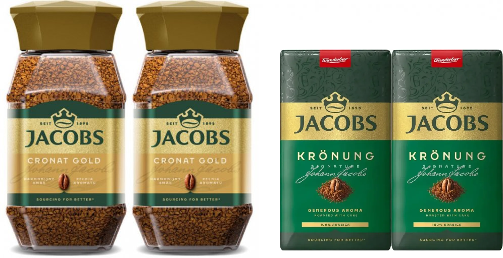Zestaw: 2x Kawa rozpuszczalna Jacobs Cronat Gold, 200g + 2x Kawa mielona Jacobs Kronung, 500g