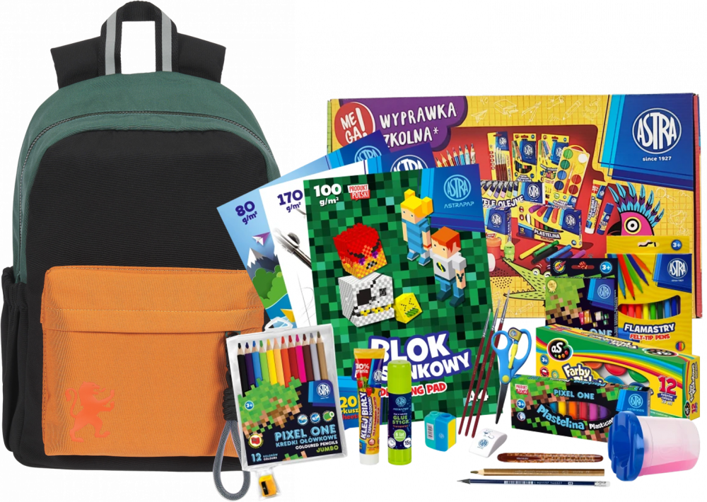 Zestaw: Plecak szkolny Oxford Funky, zielono-brązowy + Wyprawka szkolna dla klas 1-3 Astra Pixel One (L), 21 elementów