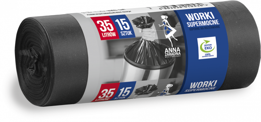 Worki na śmieci Anna Zaradna, supermocne, na odpady zmieszane, 35l, 15 sztuk, czarny