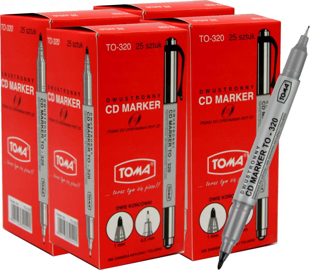 100x Marker dwustronny do płyt CD i DVD Toma TO-320, okrągła, 0.5mm/ 0.8mm, czarny