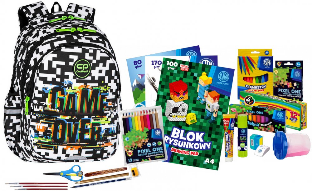 Zestaw: Plecak szkolny CoolPack Jerry Game Over, trzykomorowy, 21l + Wyprawka szkolna Astra 21 elementów