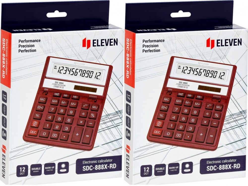 2x Kalkulator biurowy Eleven SDC-888XRD, 12 cyfr, czerwony