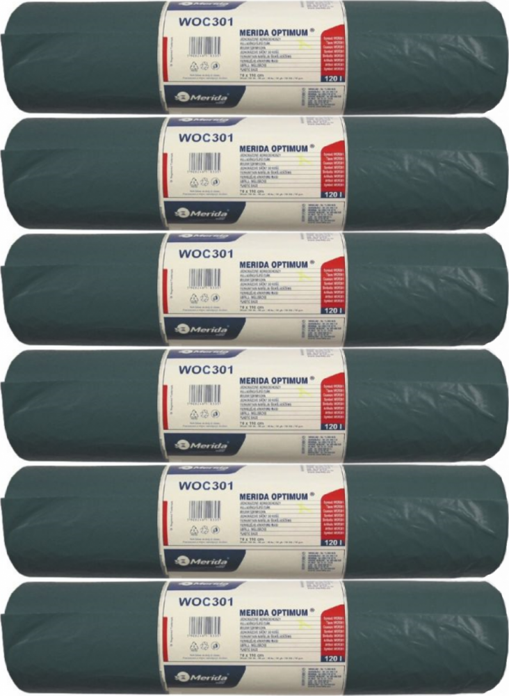 6x Worki na śmieci Merida Optimum, na odpady zmieszane, 120l, 50 sztuk, czarny