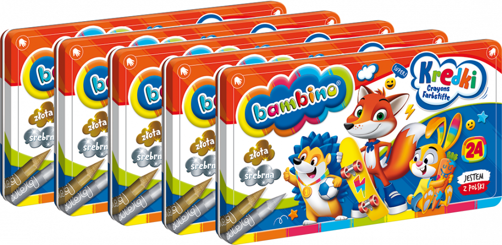 5x Kredki Bambino Zwierzaki Uczniaki, w metalowym pudełku, 24 sztuki, mix kolorów