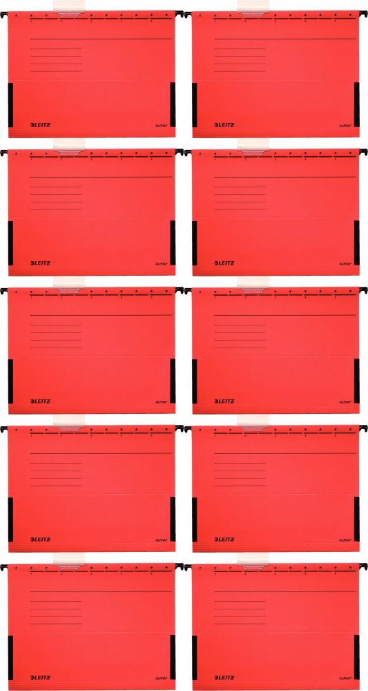 10x Teczka zawieszkowa kartonowa z rozciągliwymi bokami Leitz Alpha, A4, 348x260mm, 275g/m2, czerwony