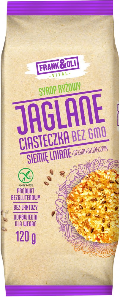 Ciasteczka jaglane Frank&Oli, bez GMO, z siemieniem lnianym, sezamem i słonecznikiem, 120g